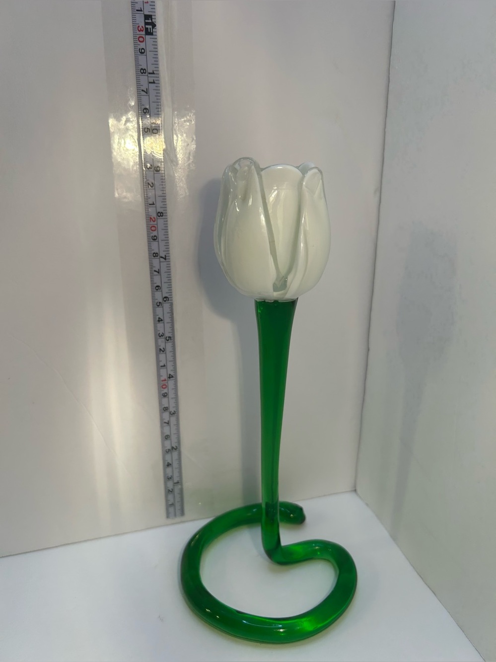 Vintage Murano Style Green & White Glass Tulip Flower Taper Candle Holder 11”